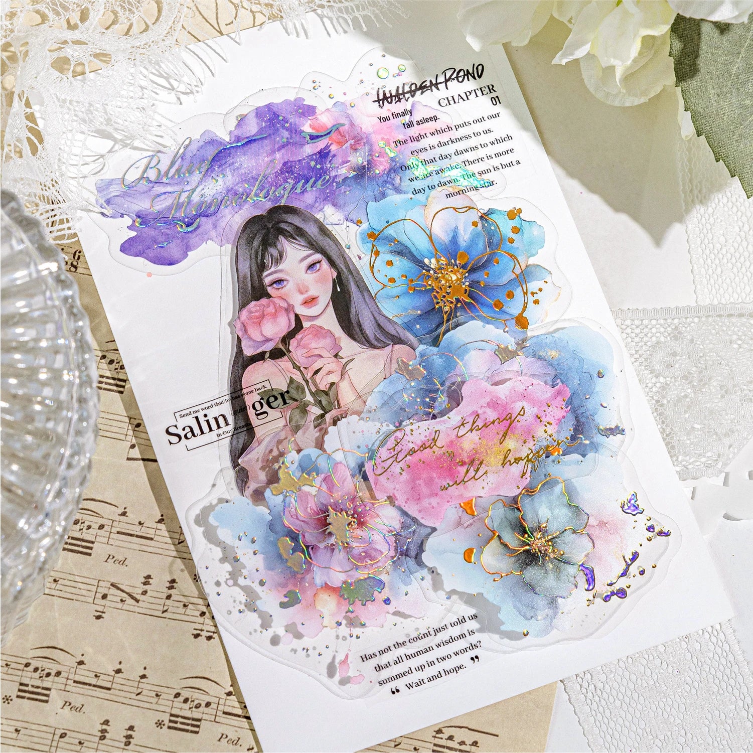 Holographic Waterproof Silver Floral Stickers 20 Sheets for Scrapbooking Journal DIY Decoration Collage Diary Supplies Qme