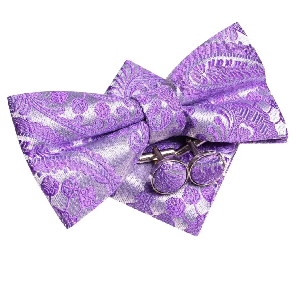 Purple Lilac Lavender Pansy Violet Silk Mens Bow Tie Hanky Cuffs Set Pre-tied Butterfly Knot Bowtie for Male Wedding Business Qme