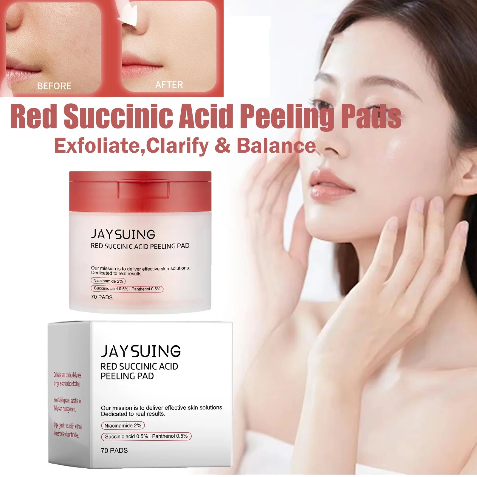 70pcs Red Succinic Acid Peeling Pads Gentle Exfoliation Soothing Moisturizing Delicate Smooth Skin Panthenol Facial Peeling Pads Qme