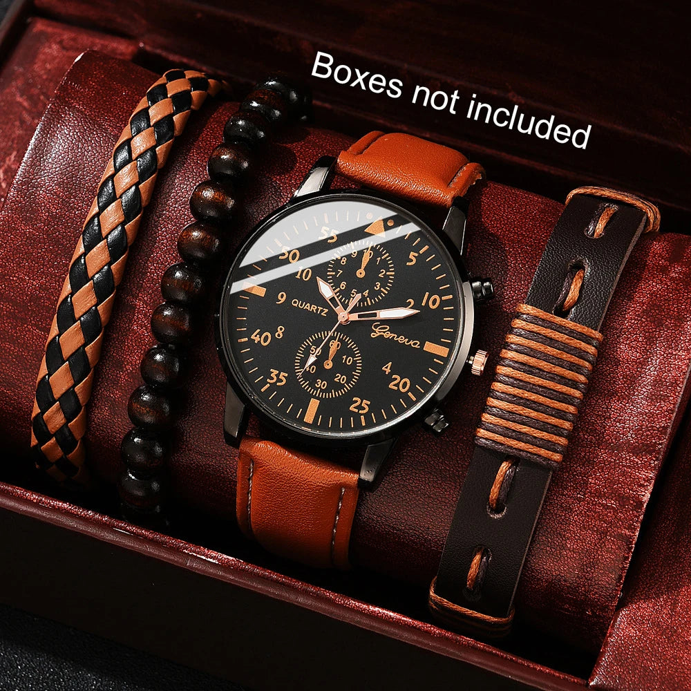 1pcs men's watch high-end Hong Kong style fashion watch quartz watch paired with 3pcs versatile and personalized bracelet set Qme