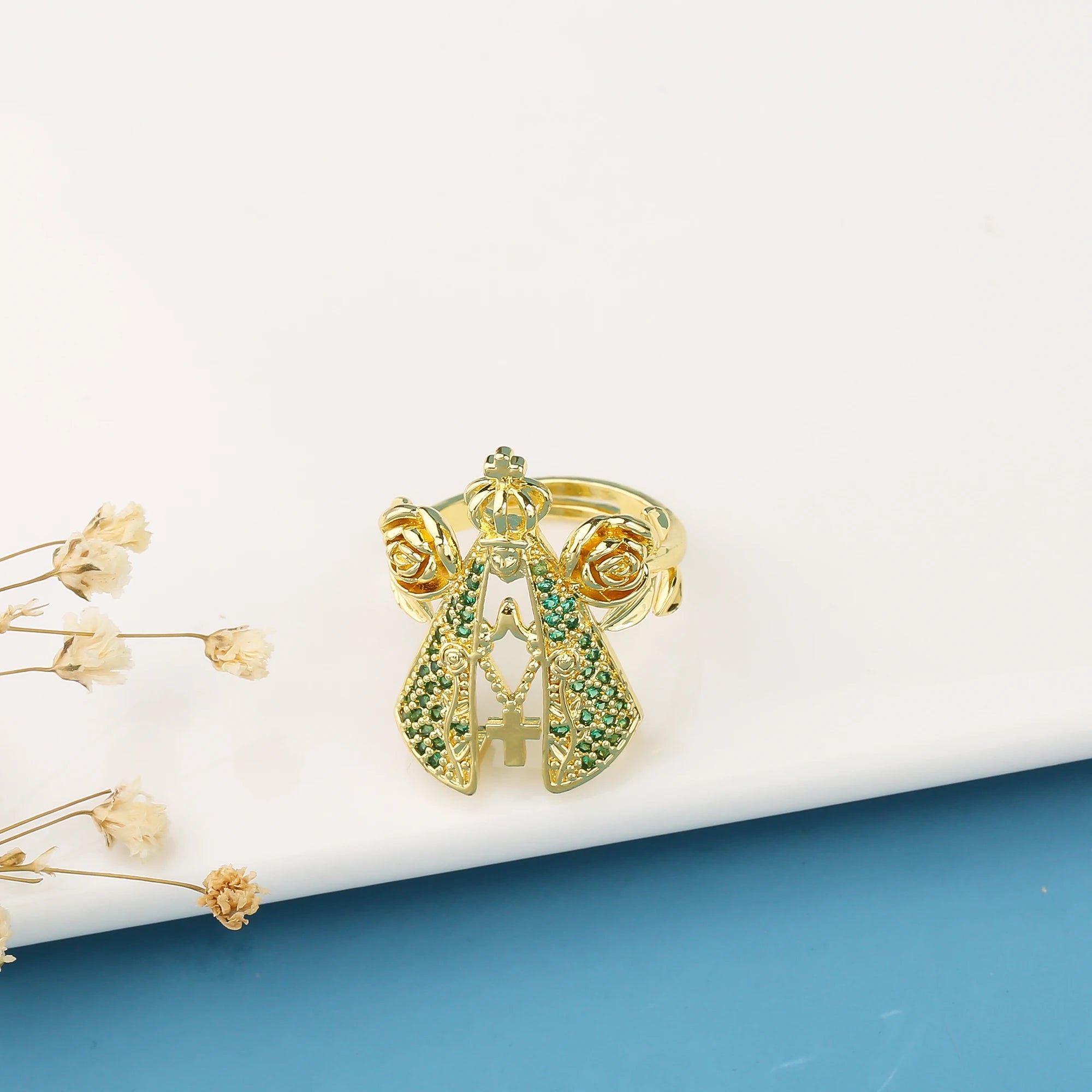 Adjustable Zirconia Religious Cross Crown Flower Opening Ring Personalized for Man Woman Fashion Party Wedding Finger Jewelry Qme Green resizable