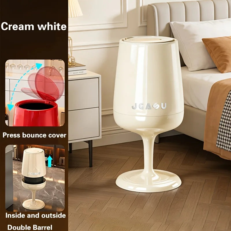 Wine Glass Shaped Trash Can with Lid Waste Basket Trash Bin Round Tall Garbage with High Leg for Home Office Bedroom Kitchen Qme White