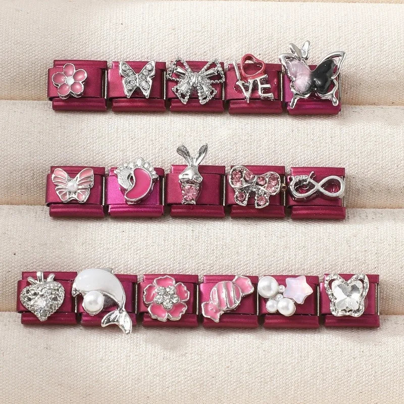 Y2K Rose Color Series Zircon Flower Butterfly Italian Charm Links Fit 9mm Stainless Steel Bracelet Women Jewelry DIY Making Gift Qme