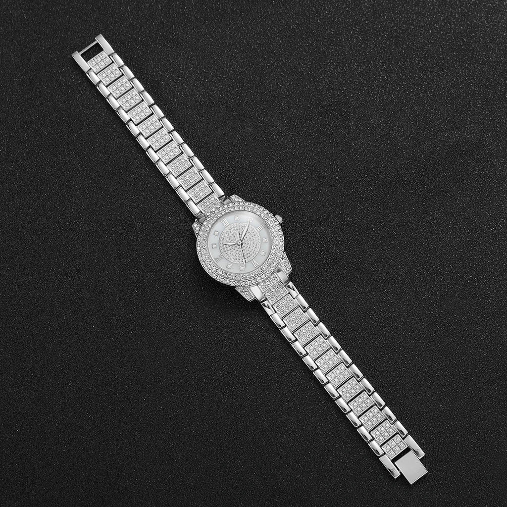 2PCS Fashion Full Diamond Women's Watch Roman Dial Steel Band Female Quartz Watches Set（Without Box） Qme