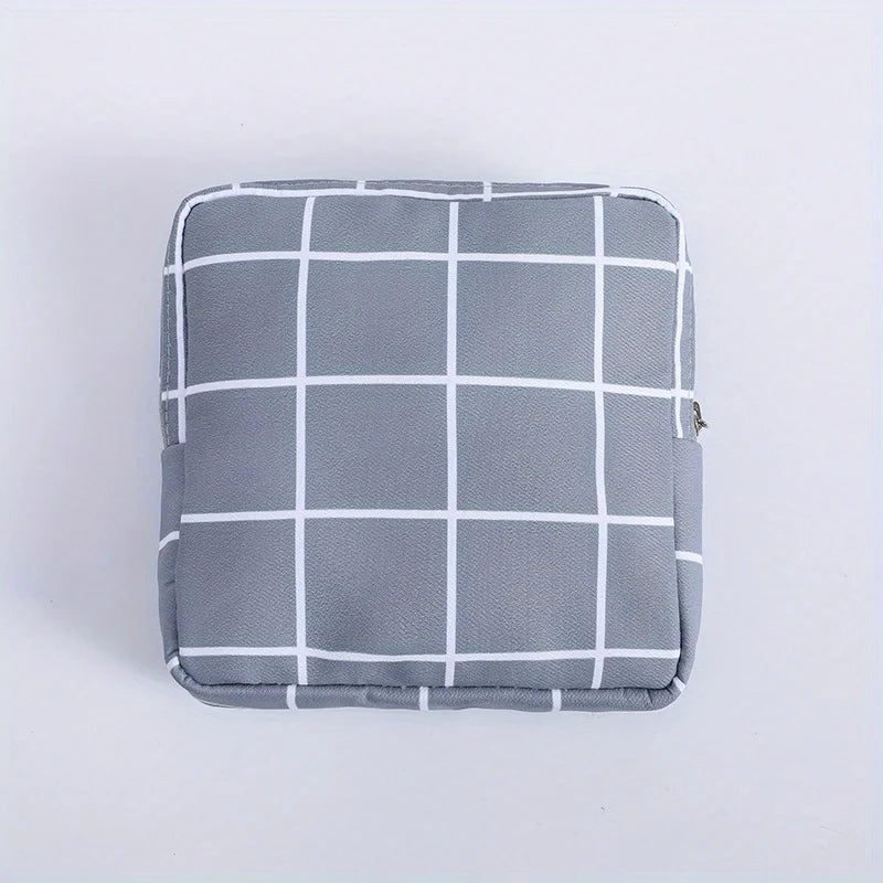 1pc Portable Sanitary Napkin Storage Bag - Girls' Cosmetic Lipstick Pouch with Travel Headset Coin Organizer - Convenient Qme Gray Check