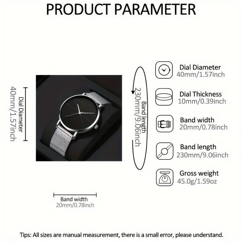 2pcs/set Men's Business Minimalist Quartz Watch Stainless Steel Mesh Band Wrist Watch & Bracelet, Father's Day Valentine's Day Qme