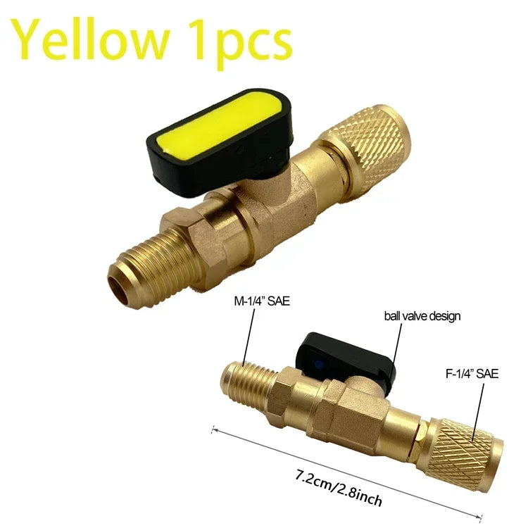 Refrigerant Angled Shut-Off Ball Valve Adapter 1/4" SAE R22 R12 R410a Air Conditioning Charging Hoses AC Refrigerant Tools Qme 1pcs Straight Valve2