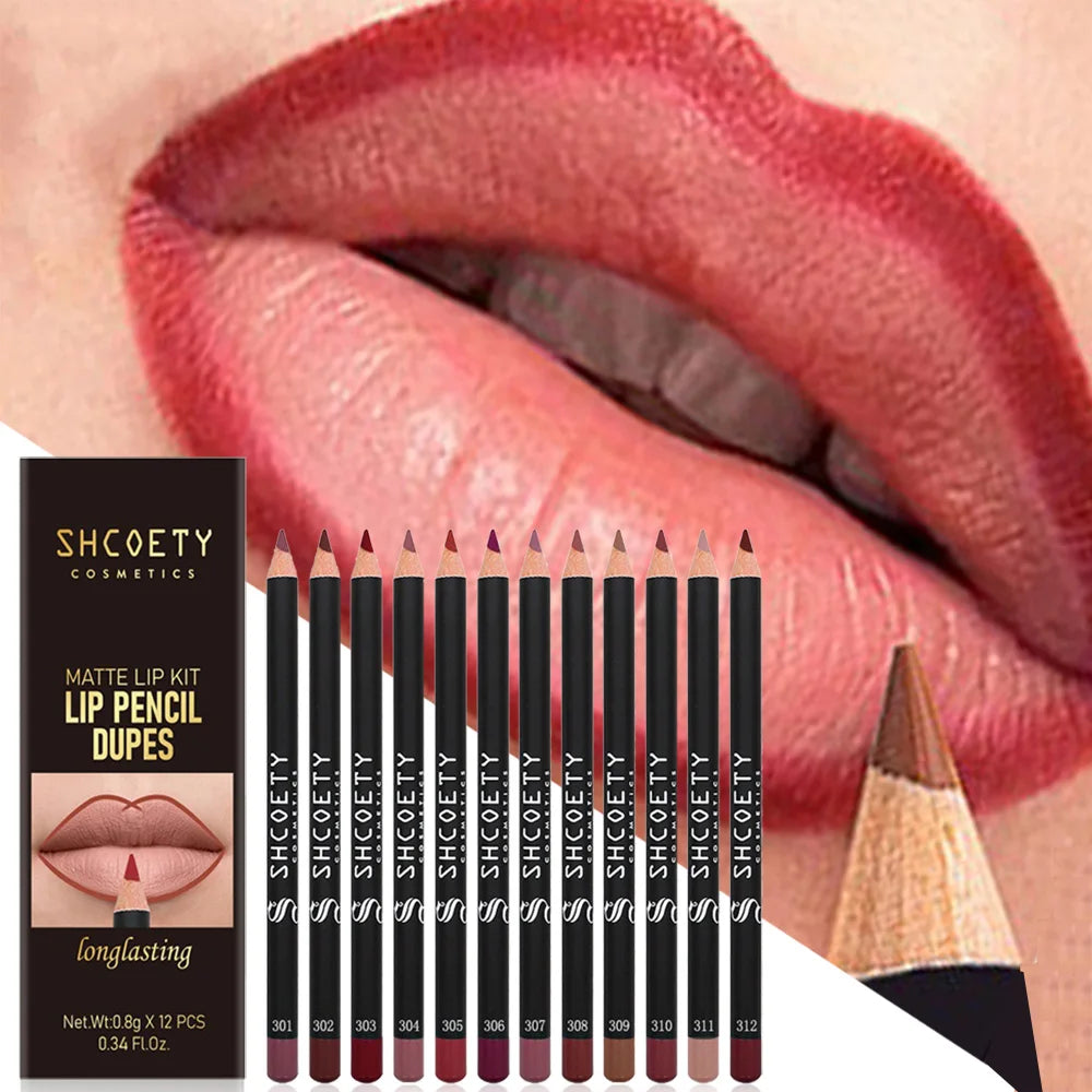 12pc Nude Lipliner Lipstick Pen Velvet Dark Red Natural Outline Lip Tint Contour Pencil Set Non-stick Cup Labial Shadow Liner Qme