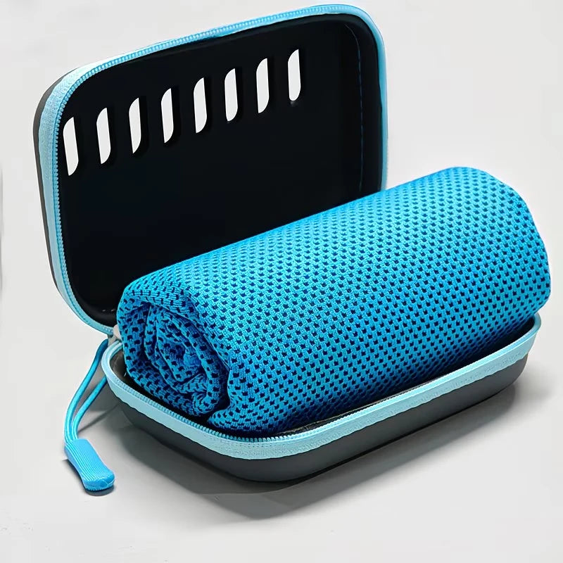 Quick Drying Cooling Towel Soft Breathable Chilly Sweat Absorption Cold Towel with Storage Box Sports Running Yoga Gym Club Qme Blue 30x90cm