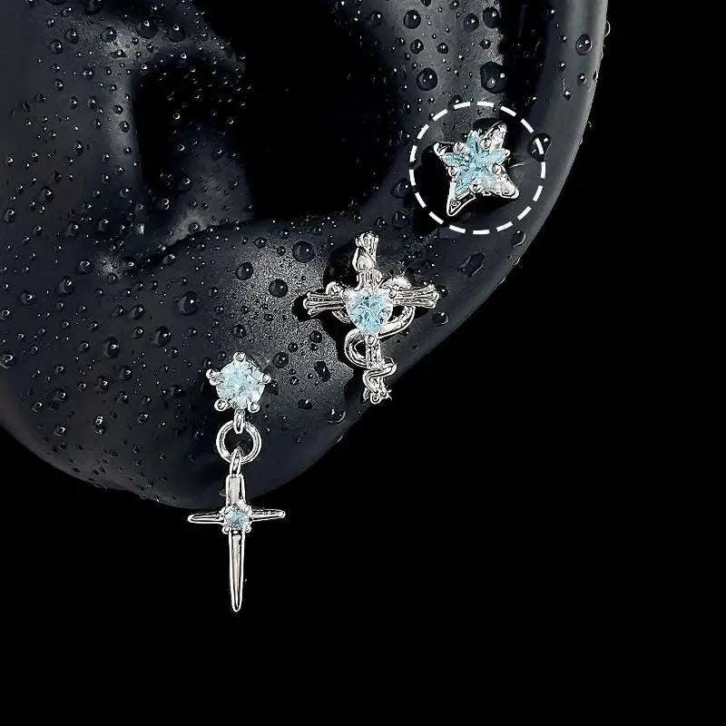 Y2K Silver Wing Heart Cartilage Earrings Star Cross Snowflake Dangle Stud Earrings For Women Punk Party Jewelry Qme A3