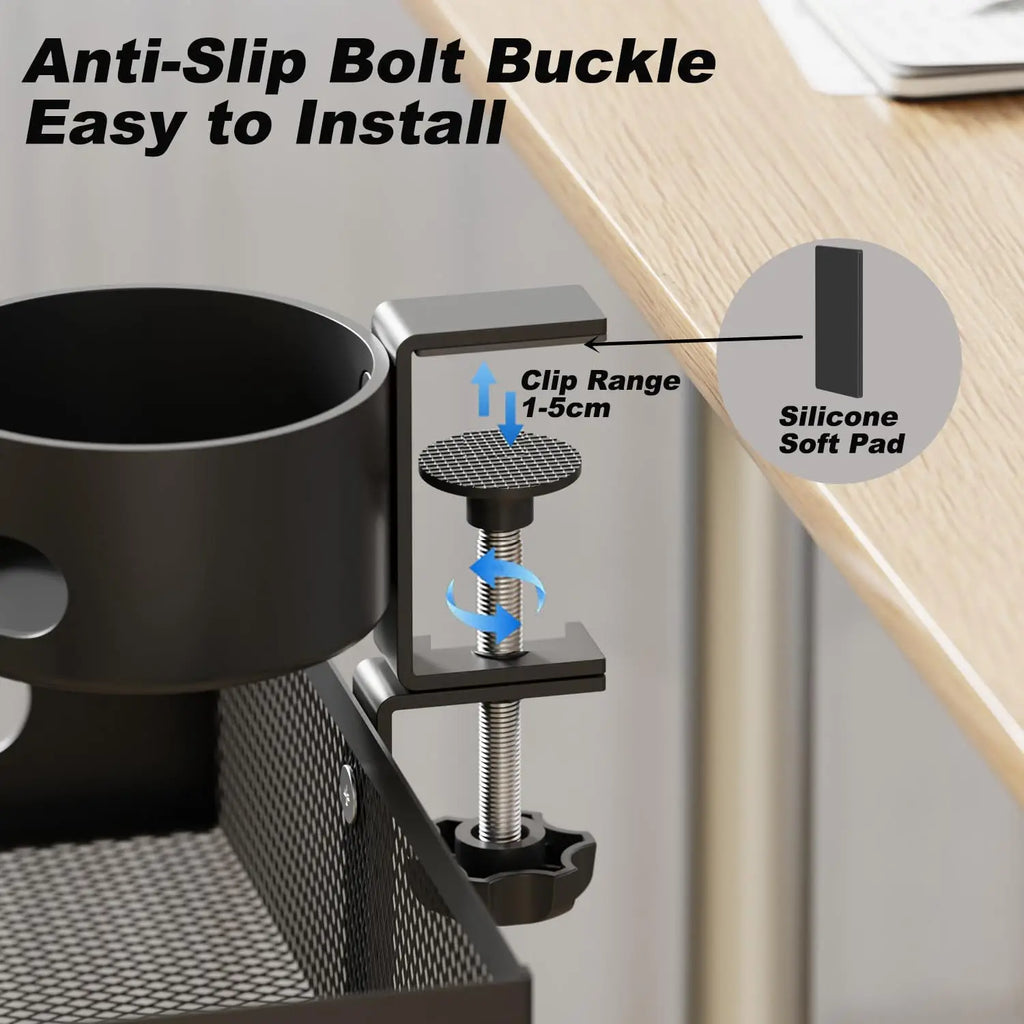 360° Rotary Under Desk Drawer With Cup Holder, 2 in 1 Anti-Spill Cup Holder & Storage Rack, Punch Free Metal Storage Box Qme