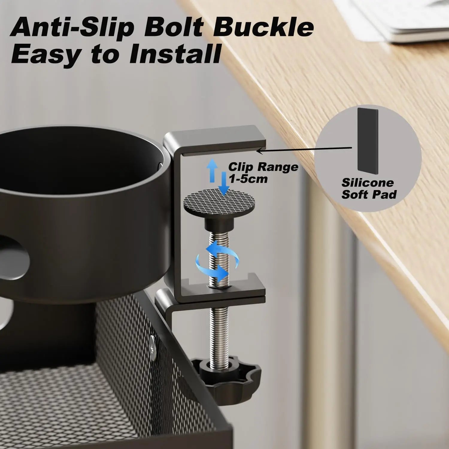 360° Rotary Under Desk Drawer With Cup Holder, 2 in 1 Anti-Spill Cup Holder & Storage Rack, Punch Free Metal Storage Box Qme