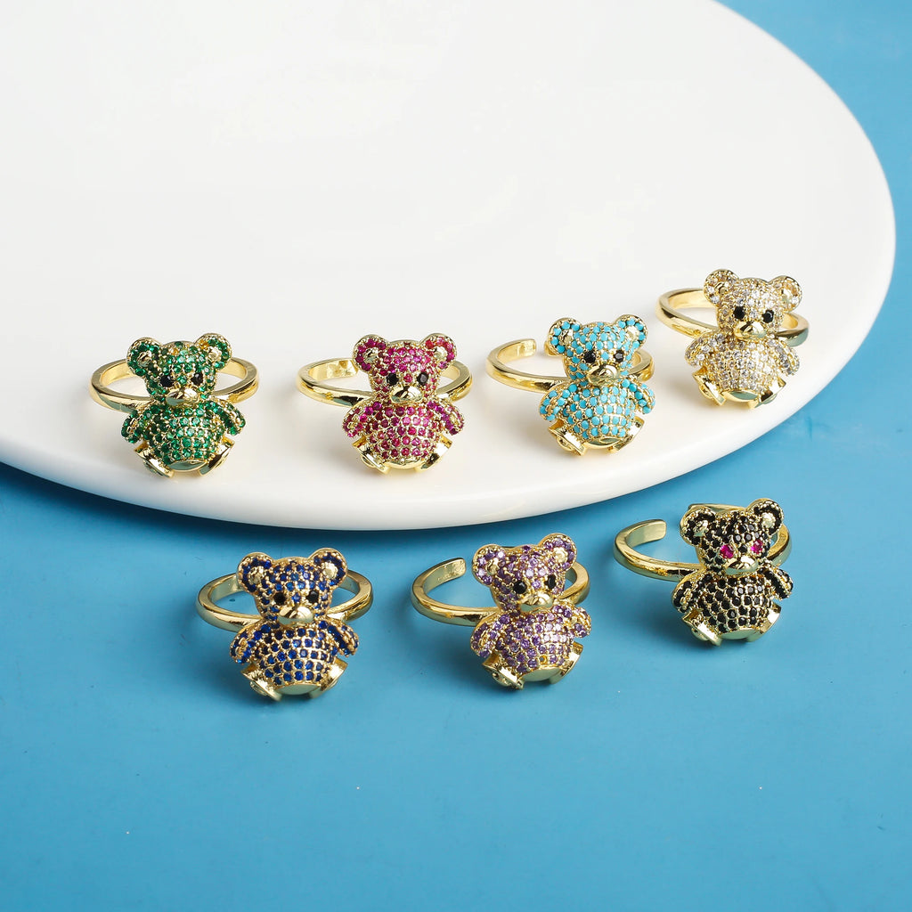 Cute Shiny Cubic Zirconia Animal Bear Ring Adjustable High Quality Women Fashion Party Jewelry Gift Daily Wear Dropshipping Qme