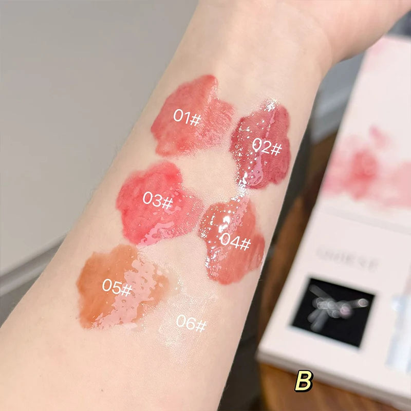 QIBEST 6Pcs/Box Matte Lipstick Sets And Mirror Watery Lip Glaze Lasting Lip Makeup Sets Moisturizing Lipgloss Necklace Gift Qme