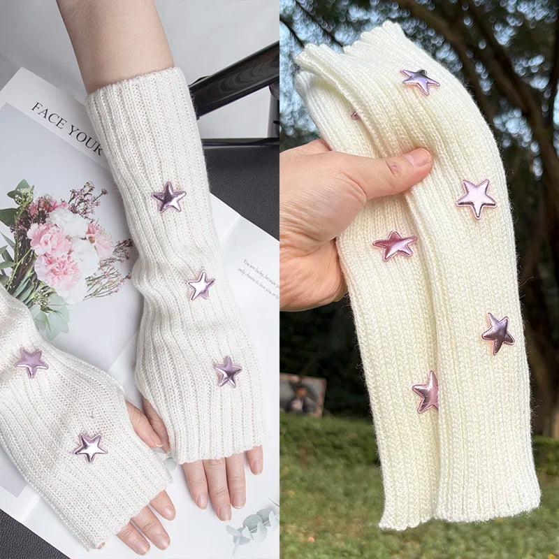 Y2k Fingerless Gloves Fashion Women Warm Arm Sleeve Knitted Star Decoration Mitten Casual Long Wrist Mittens Punk Gothic Gloves Qme