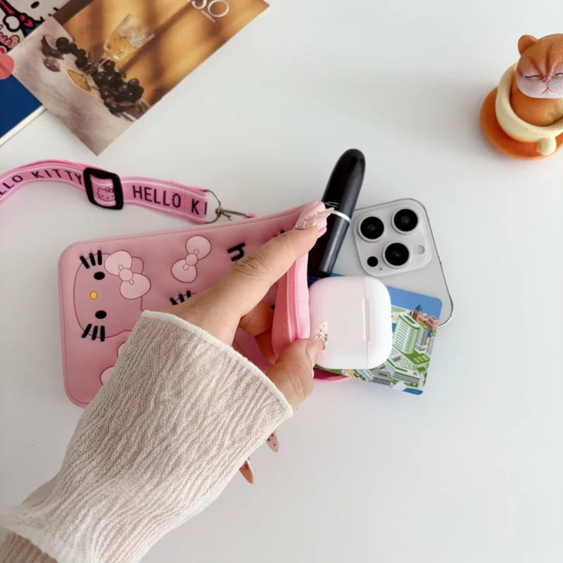 Hello Kitty New Cartoon Silicone Coin Purse Student Mini Bag Phone Neck Pouch Cute Little Wallet Crossbody Bag Qme