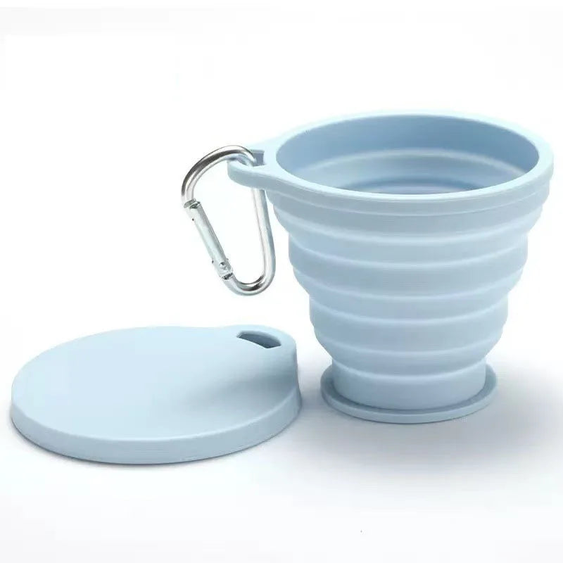 Food Grade Silicone Foldable Drinking Cup,Lightweight Portable Mug With Cover & Carabiner For Camping Travel Sports Daily Use Qme blue