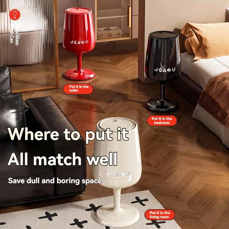 Wine Glass Shaped Trash Can with Lid Waste Basket Trash Bin Round Tall Garbage with High Leg for Home Office Bedroom Kitchen Qme