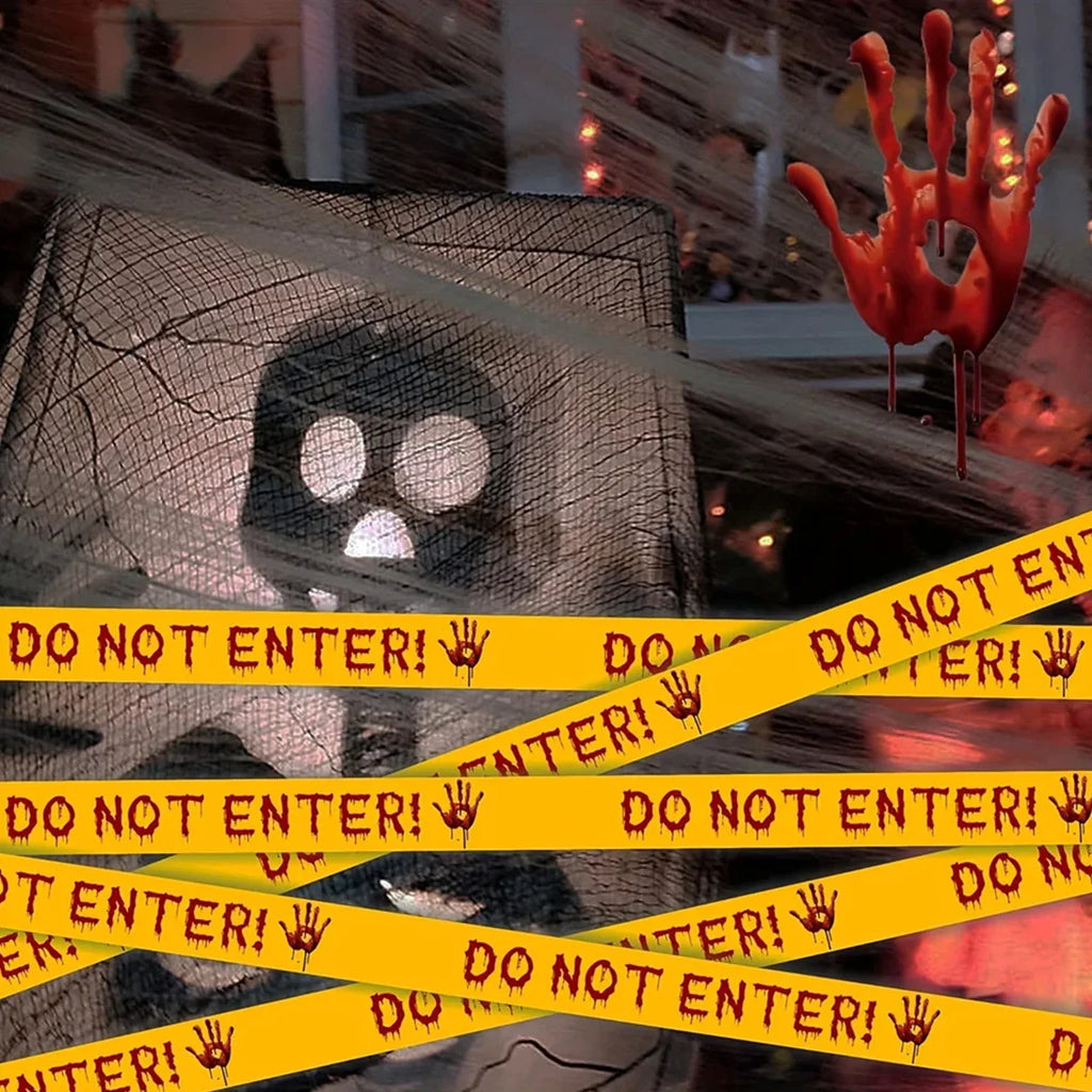 Halloween Caution Tape with Bloody Handprints - 82ft Plastic Warning Ribbon for Horror Theme Party Decoration, Barrier Qme