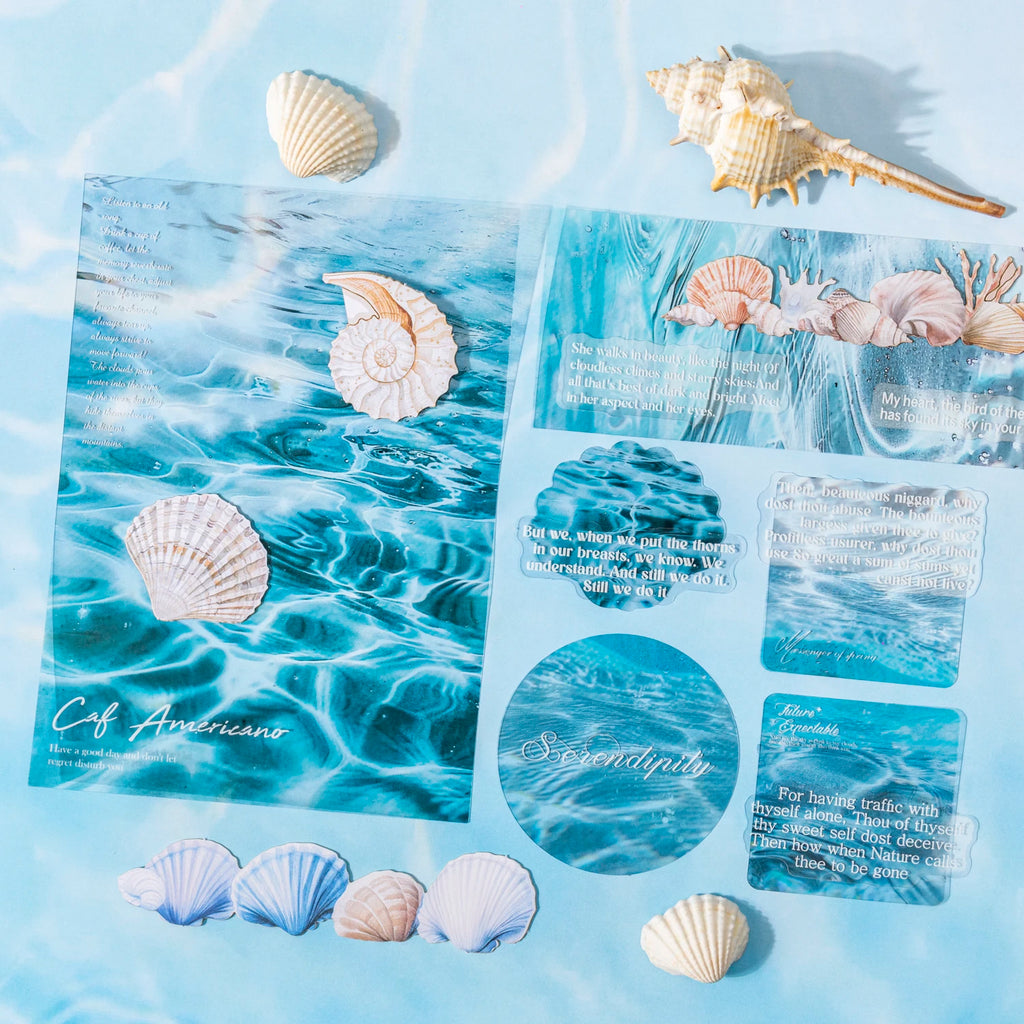 25 Sheets Blue Ocean Theme Dual Texture Sticker Pack for Scrapbook DIY Photo Frame Collage Journal Decoration Qme