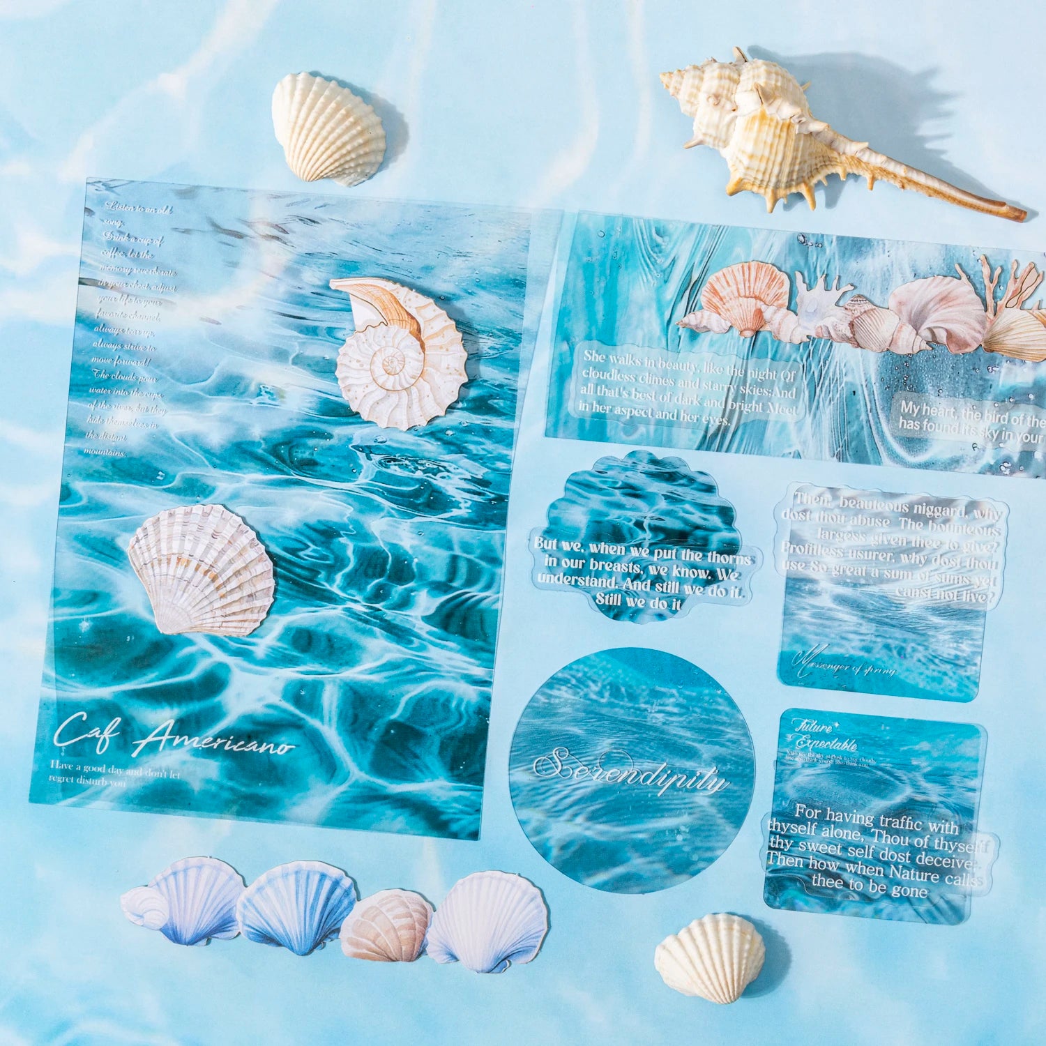 25 Sheets Blue Ocean Theme Dual Texture Sticker Pack for Scrapbook DIY Photo Frame Collage Journal Decoration Qme