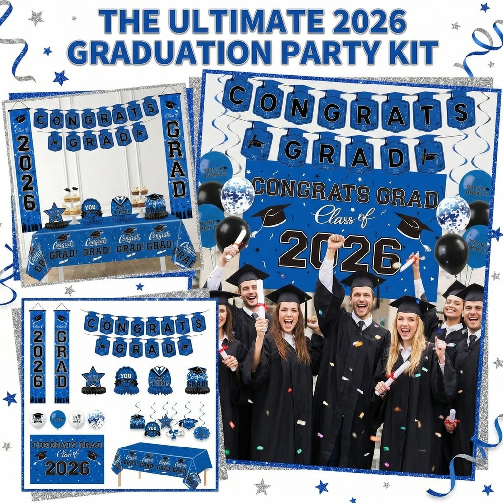 Graduation Theme Party Decoration Set Blue Serise Tablecloth Plate Balloon Set Photography background Decor Props Qme as shown One Size