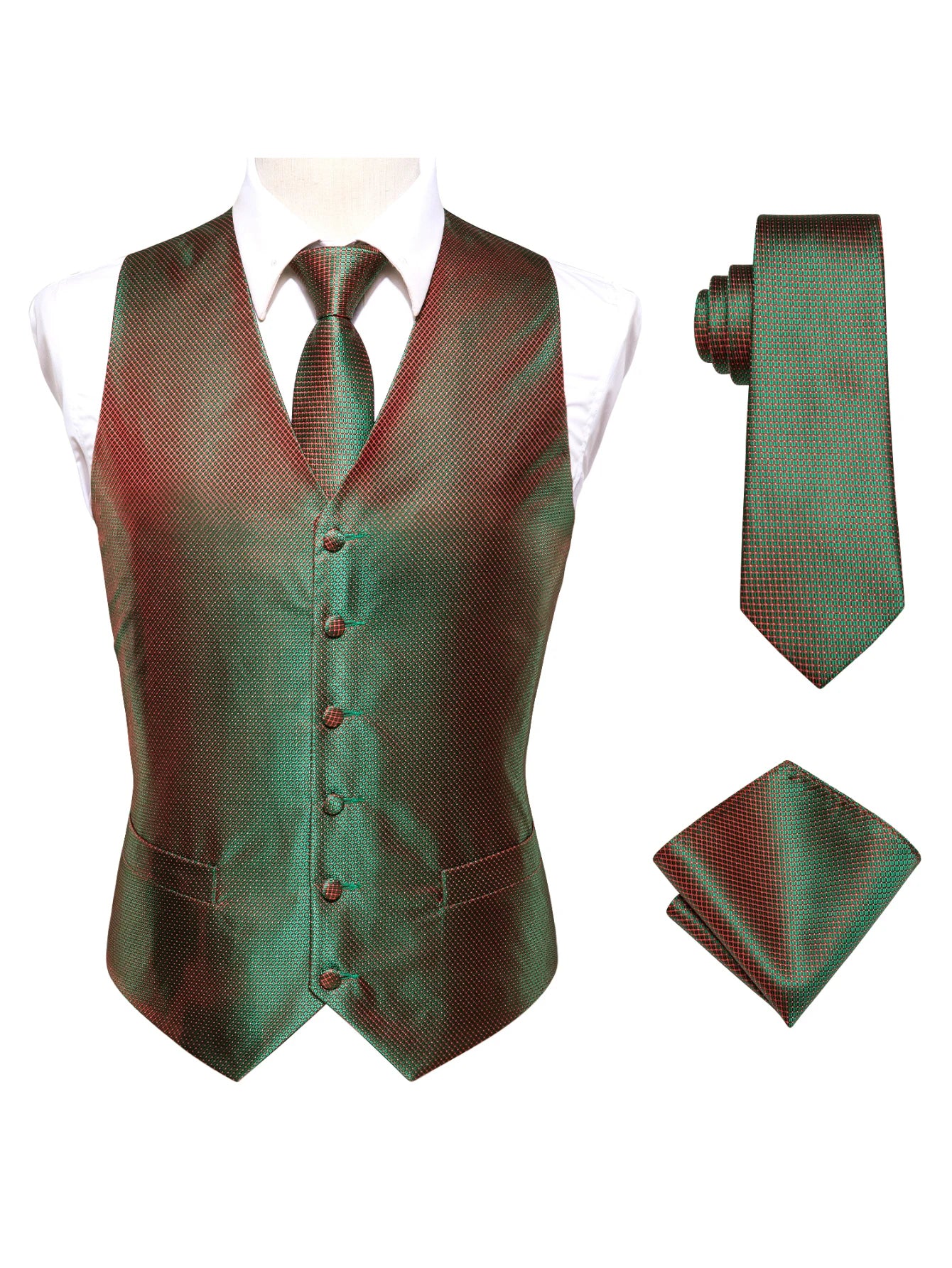 Green Men Vest Three-piece Suit Dress Waistcoat Tie Pocket Square Qme MJ-0018 XXXL