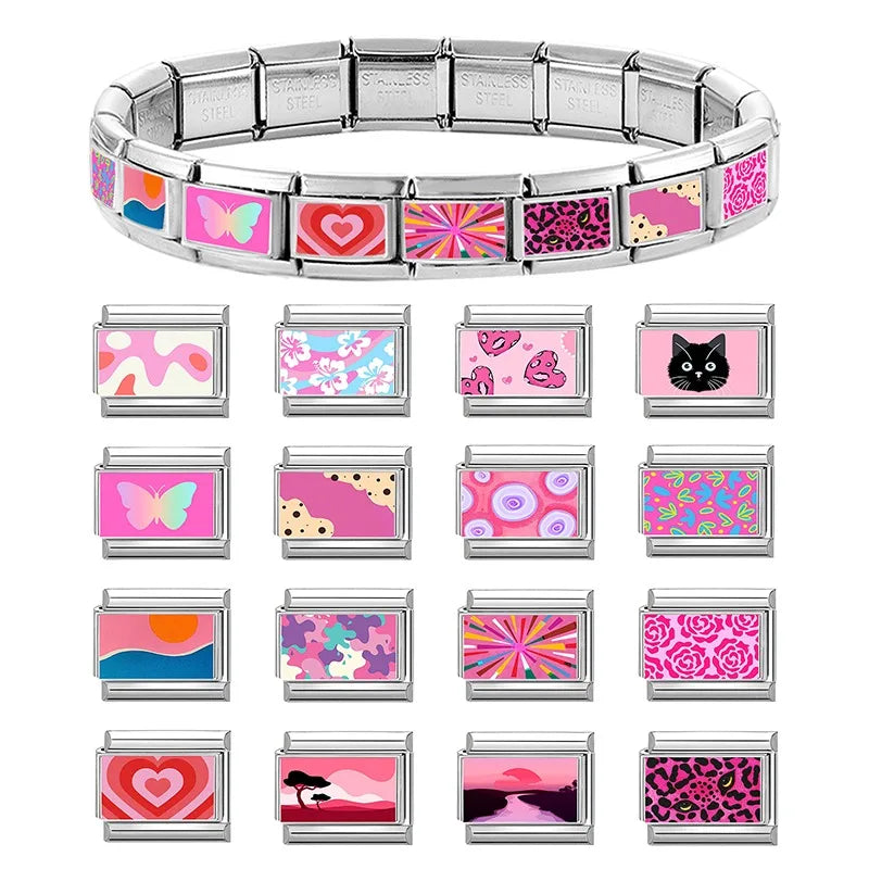 Fashion Pink Love Heart Leopard Print Butterfly Italian Charm Links Fit 9mm Stainless Steel Bracelet Jewelry DIY Making Beads Qme