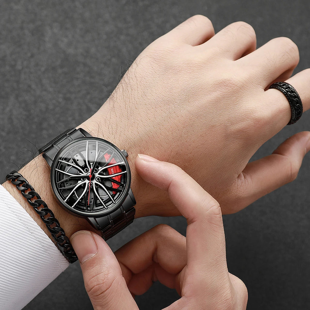 4PCS/Set Fashion 3D Car Wheel Dial Men Sports Watch Luxury Steel Band Quartz Wristwatches Jewelry Set Reloj Hombre（Without Box） Qme