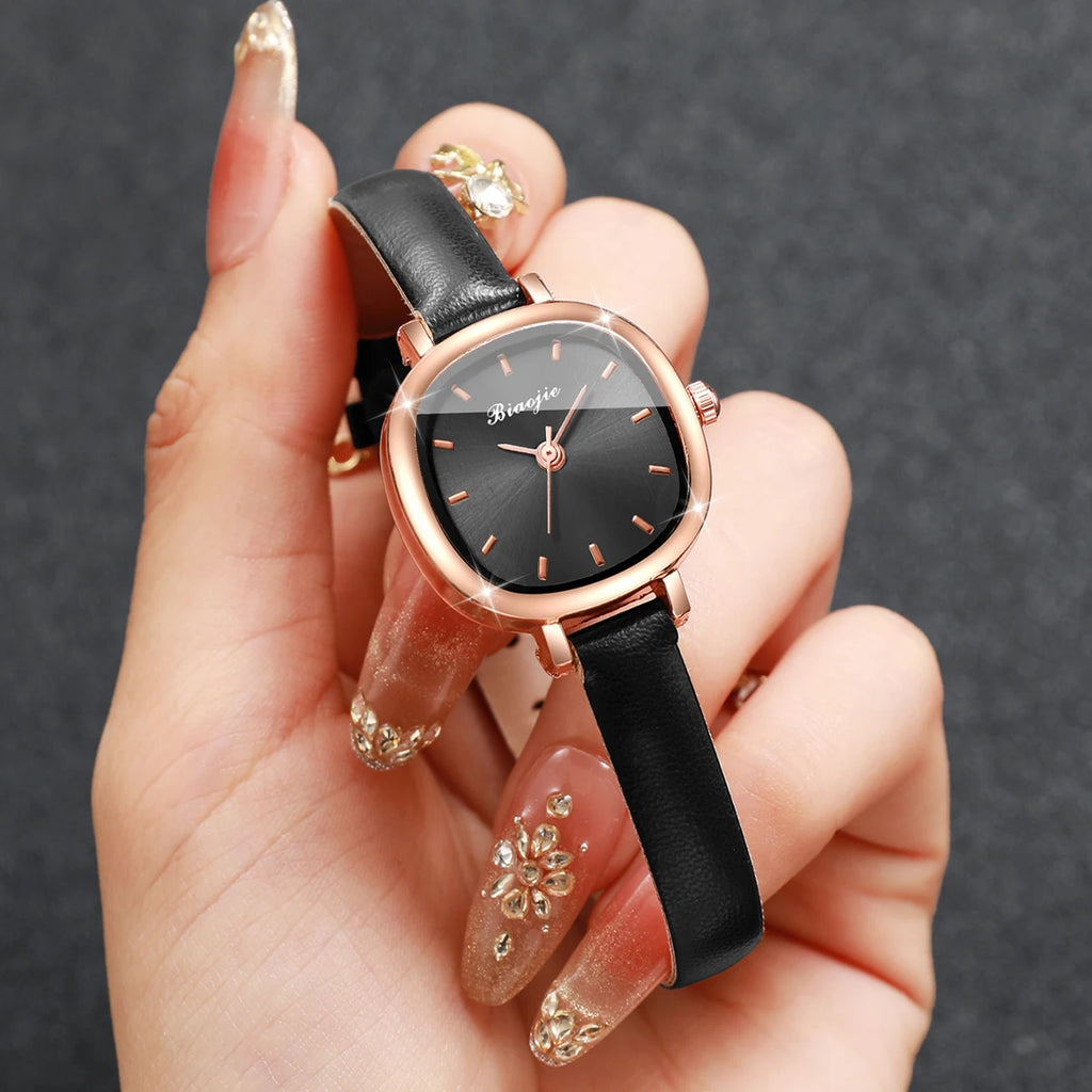 4-in-1 Elegant Jewelry Set for Women, Rose Gold Black Dial Watch + Black Heart Bracelet + Necklace + Earrings, Rose Gold Tone Qme