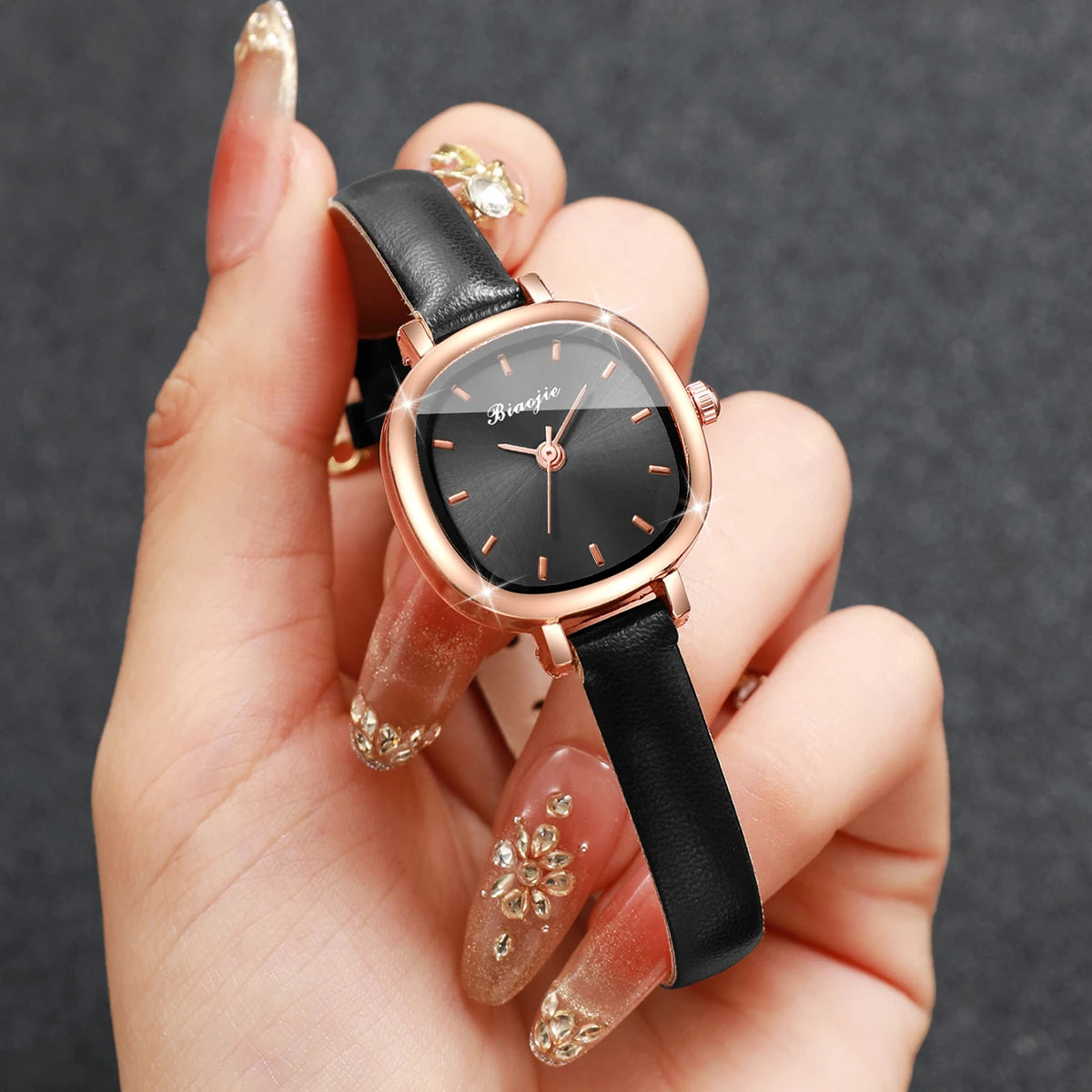 4-in-1 Elegant Jewelry Set for Women, Rose Gold Black Dial Watch + Black Heart Bracelet + Necklace + Earrings, Rose Gold Tone Qme