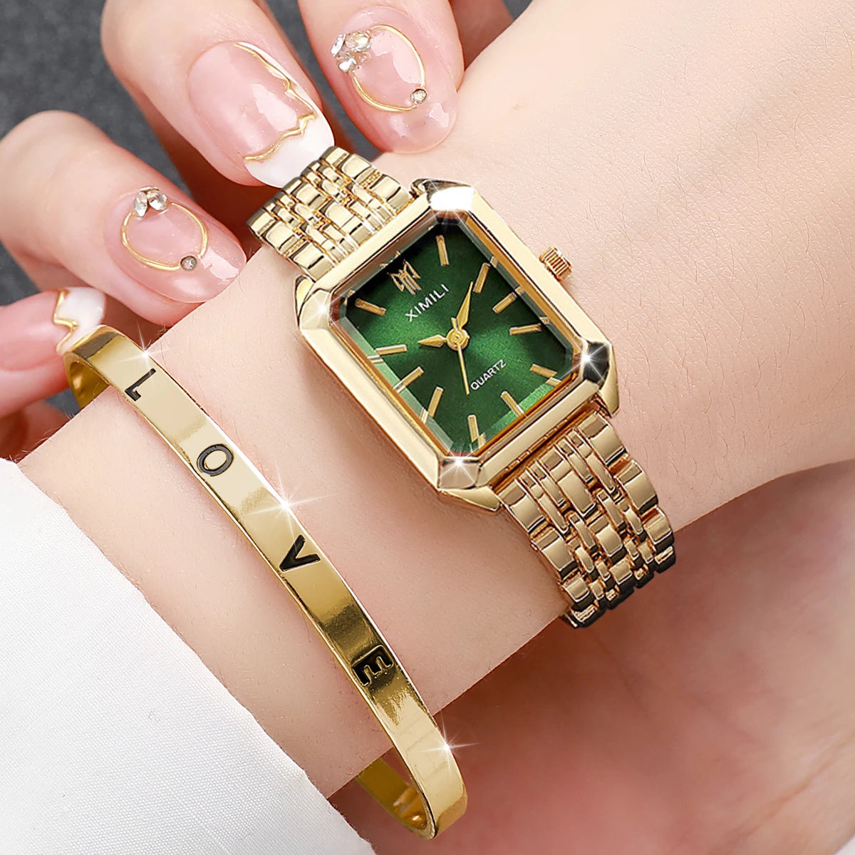 2 Pcs Fashion Women's Watch Bracelet Set Luxury Gold Steel Band Ladies Watches Quartz Watch Mujer Girls Watch Gift Qme 1