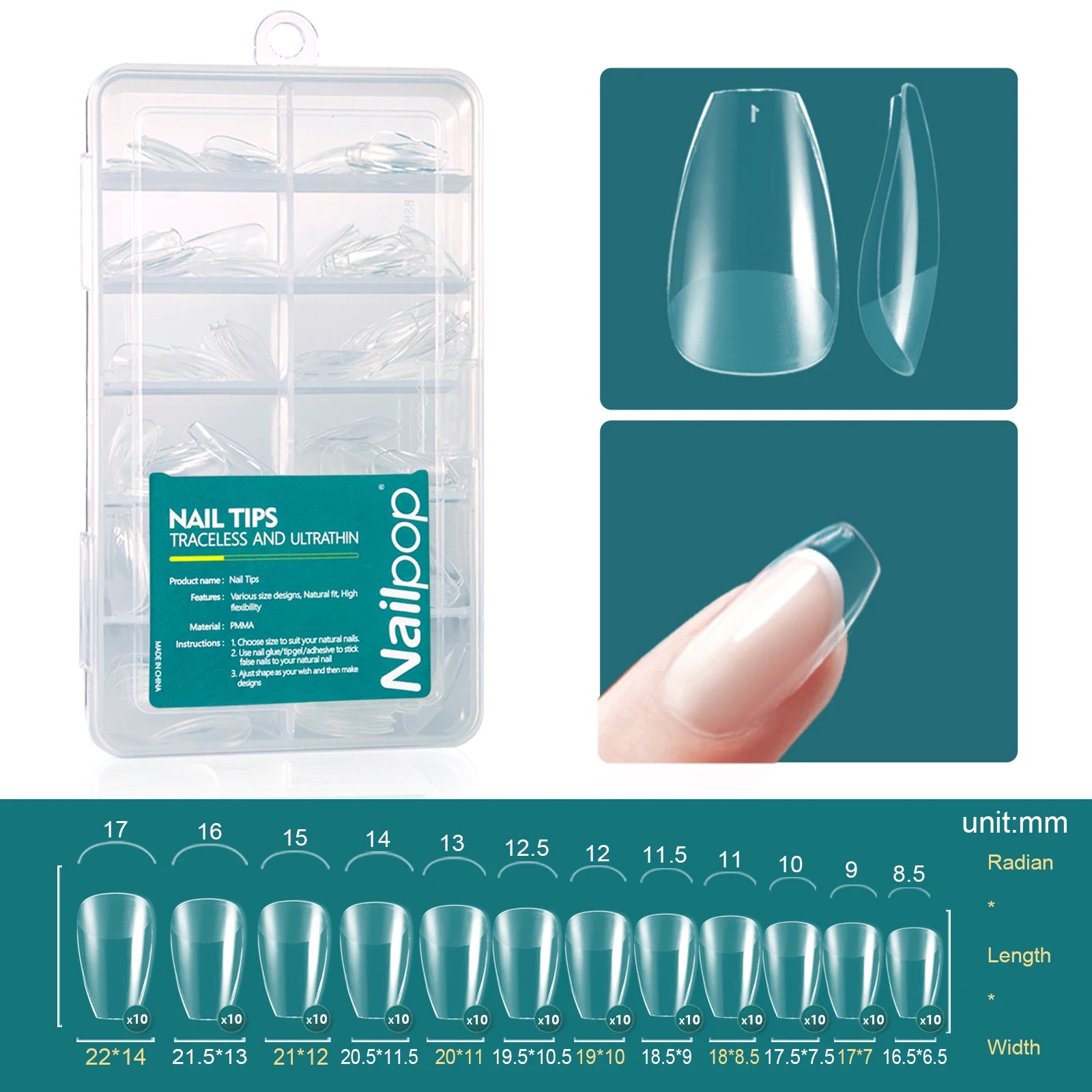Nailpop False Nails Clear 12 Sizes Acrylic Full Cover Tips Reusable Qme S-coffin 120