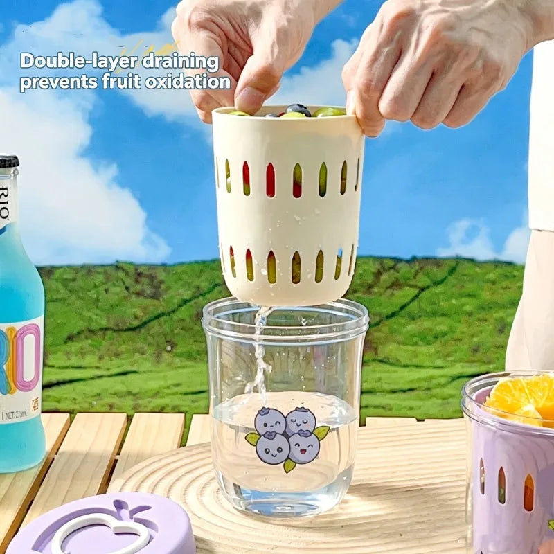 Double-walled Salad Cup with Fork Handle Draining Fruit Cup Portable Leak-proof Oatmeal Container Fresh Food Storage Container Qme