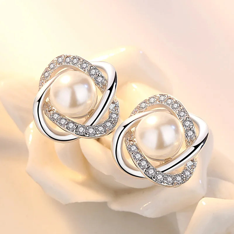 New Fine 925 Sterling Silver Charms Pearl Crystal Stud Earrings for Women Fashion Party Wedding Accessories Jewelry Couple Gifts Qme Default Title