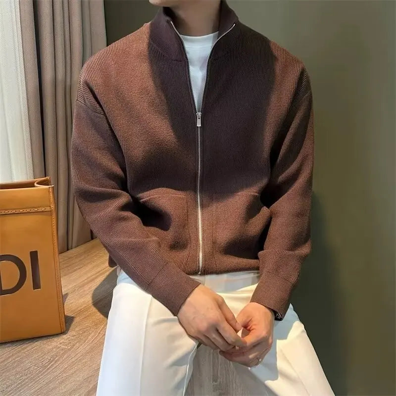 Men's Versatile Solid Zip-up Cardigan Slim Fit Stand Collar Sweater Qme Brown XXXL