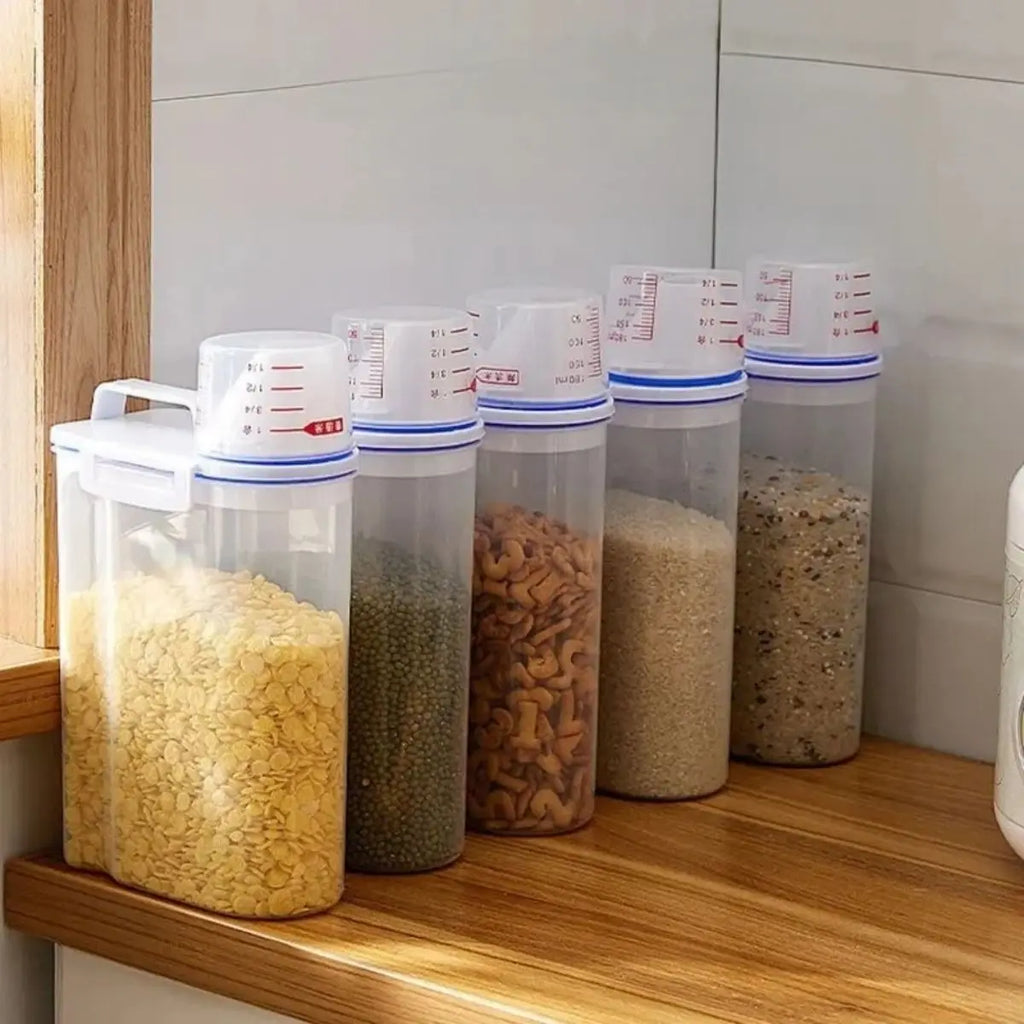 1pc Rice And Grains Food Storage Canister With Measuring Cup, Kitchen Moisture-proof And Insect-proof Dust-proof Qme