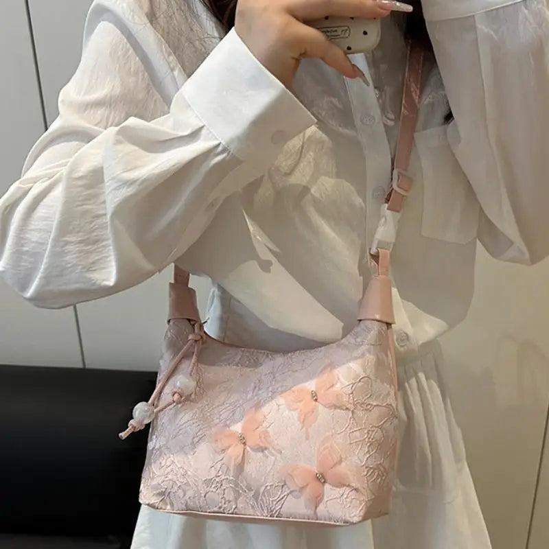 Chinese Style Embossed Floral Shoulder Bag Large Capacity Crossbody Underarm Bag Vintage Knot Handbag For Women Daily Travel Use Qme