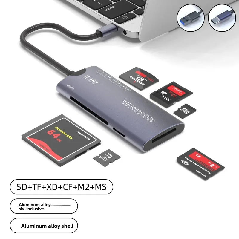 Usb High-speed Ms Multi-functional Cf Card Reader, Sd Aluminum Alloy Tf Computer Six-in-one Xd Card Reader Qme