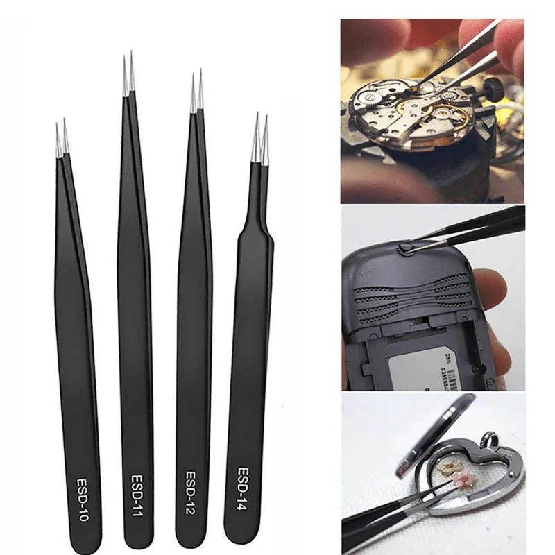 Canvas Bag Leather Cover Stainless Steel Black Tweezers Anti-static Qme