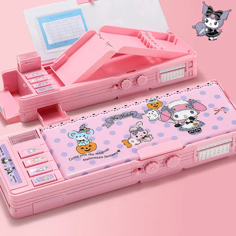 Hello Kitty Kuromi Cartoon Pencil Case With Combination Lock Multifunctional, Large-Capacity,Two-Tier Pencil Case for Students Qme 1