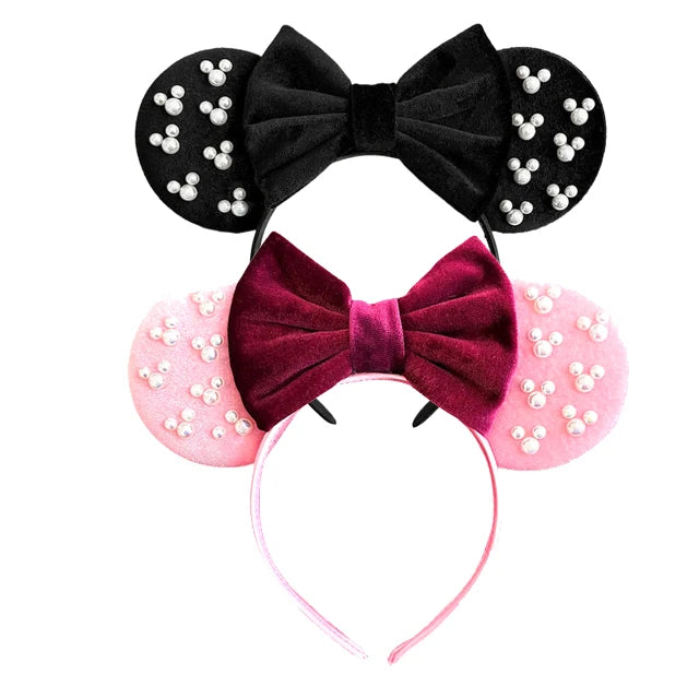 White Pearls Mickey Ears Hair Accessories for Girls Solid Color Soft Cotton Bow Headbands Women Minnie Mouse Hair Accessorie Qme Headband 10