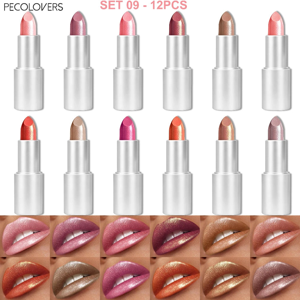 Elegant Glitter Lipstick Woman Shimmer Golden Pink Colors Tones Qme SET 09