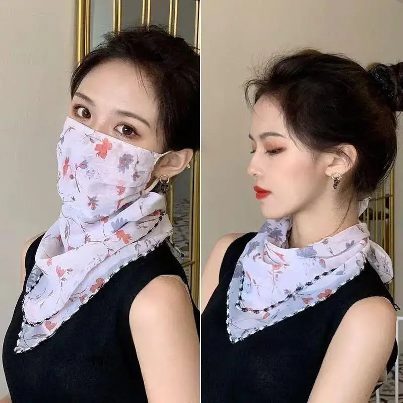 Adjustable Protection Face Chiffon Print Mask Women Sun Floral Scarf Qme