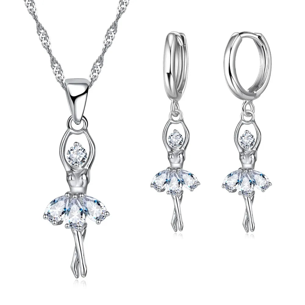 High-End Women Jewelry Sets Ballet Girls Figure Lady Usual 925 Sterling Silver Color Necklace And Hoop Earrings Accessory Qme Default Title