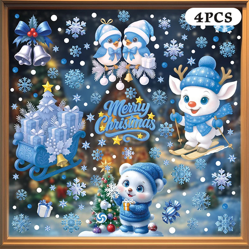 Blue Christmas Window Clings-Static Sticker Set With Bells, Reindeer, Santa, Snowflakes & Snowman For Holiday Party Decor Qme A10