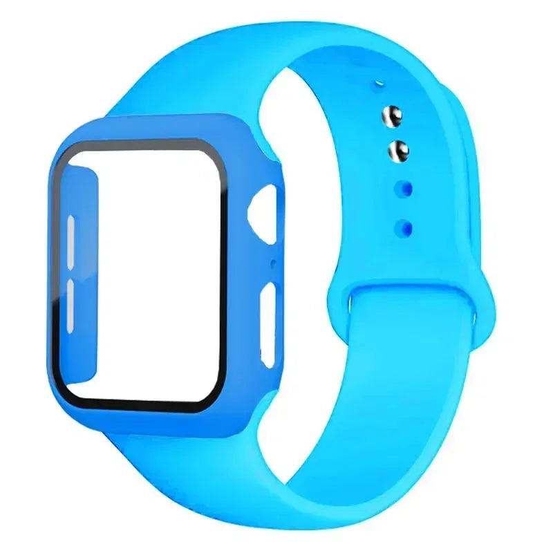Glass+Case+Strap for Apple Watch Band 45mm 44mm 41mm 40mm 38mm 42mm Screen Protectors for Apple IWatch Series 9 8 7 6 SE 5 3 4 Qme