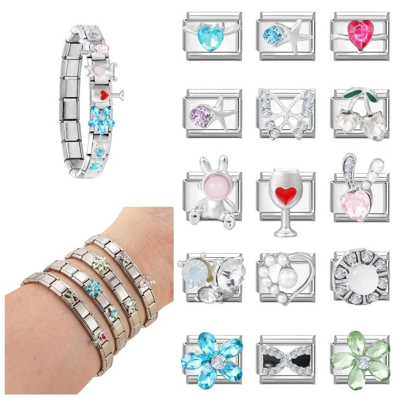 Zircon Bow Knot Blue Flowers Pink Heart Purple Butterfly Italian Charm Links Fit 9mm Bracelet Stainless Steel DIY Making Gifts Qme