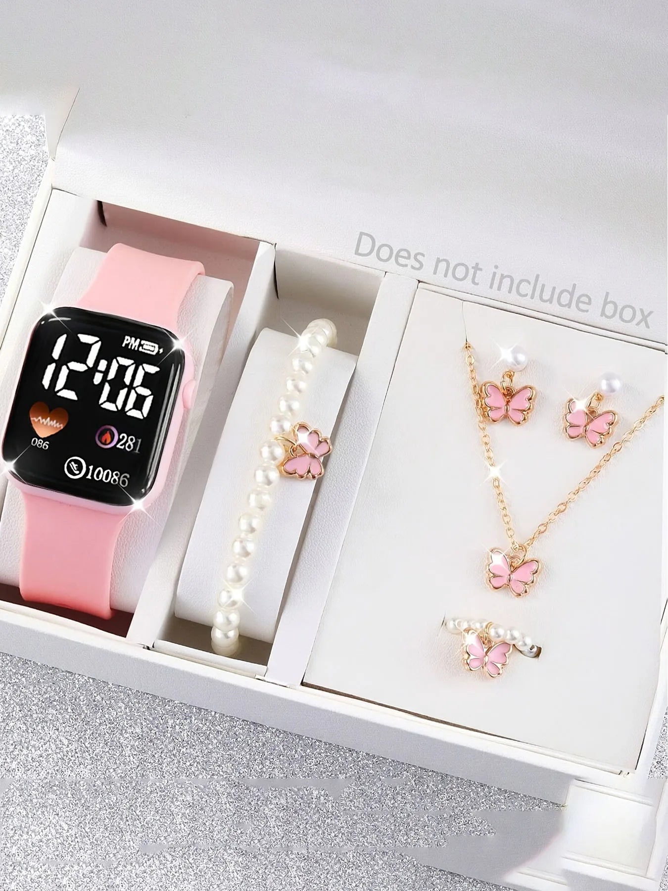 Set of 6 minimalist square LED watches with butterfly pearl jewelry Qme pink