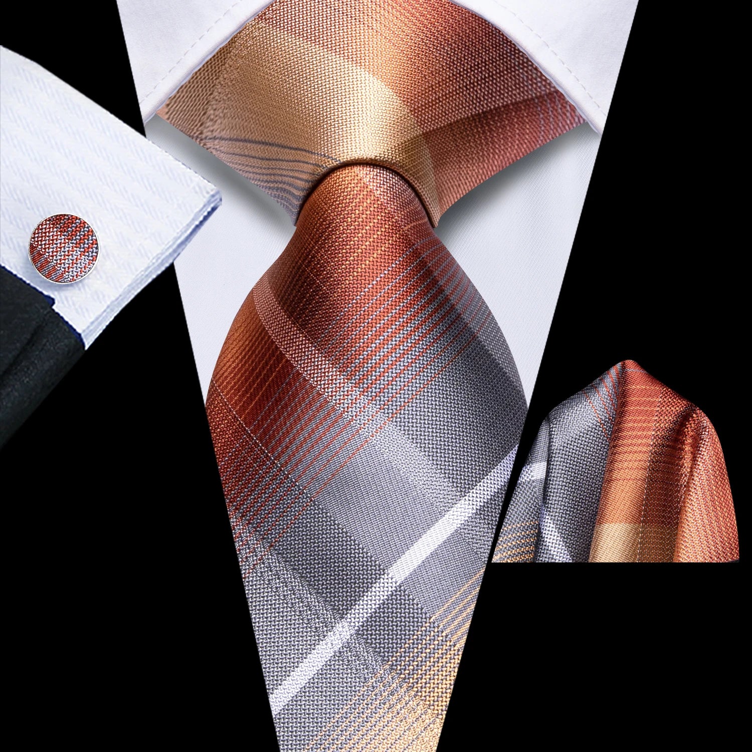 Hi-Tie Men Fashion Necktie Yellow Orange Brown Handkerchief Cufflinks for Tuxedo Accessory Classic Silk Luxury Gift Tie Qme HT-N-0202